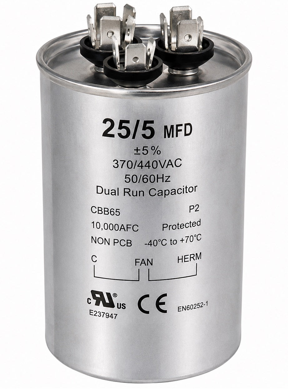 25/5 MFD 370/440V Round Dual Run Capacitor